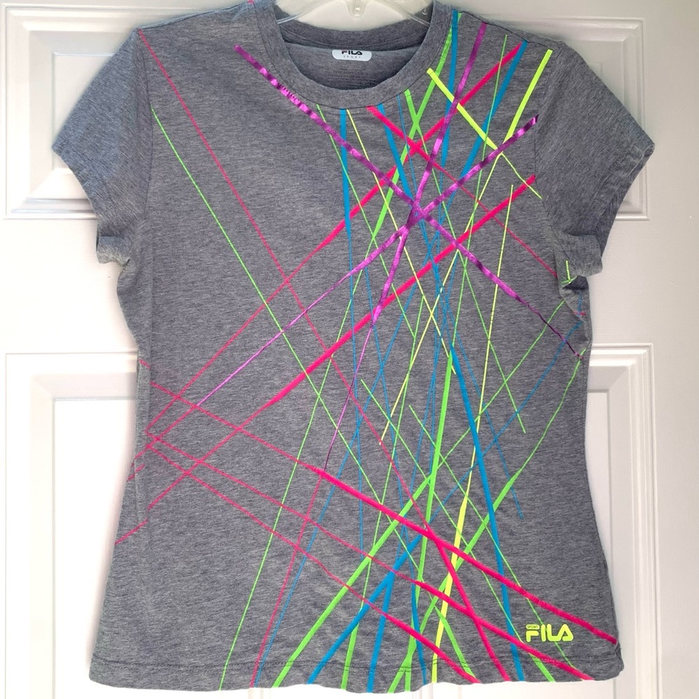 FILA Tee Shirt Women Size L Gray Multicolor Short Sleeve Crew Neck Logo